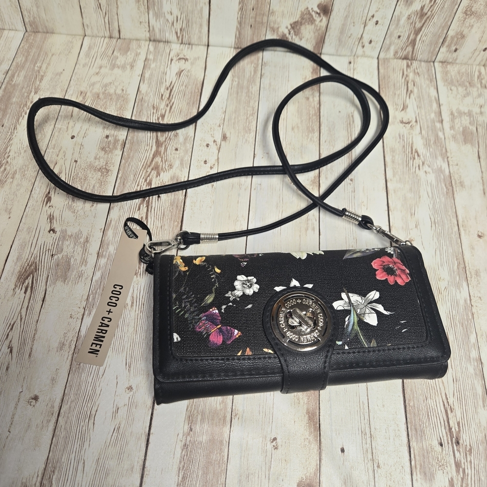 Coco + Carmen Women's Crossbody Wallet Purse Black Floral Butterfly NWT